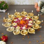 Webelkart Diya Shape Flower Decorative Urli Bowl for Home Handcrafted Bowl for Floating Flowers and Tea Light Candles,Office and Table Decor| Diwali Decoration Items (14 Inches), Gold - Fast Shipping to USA & Canada