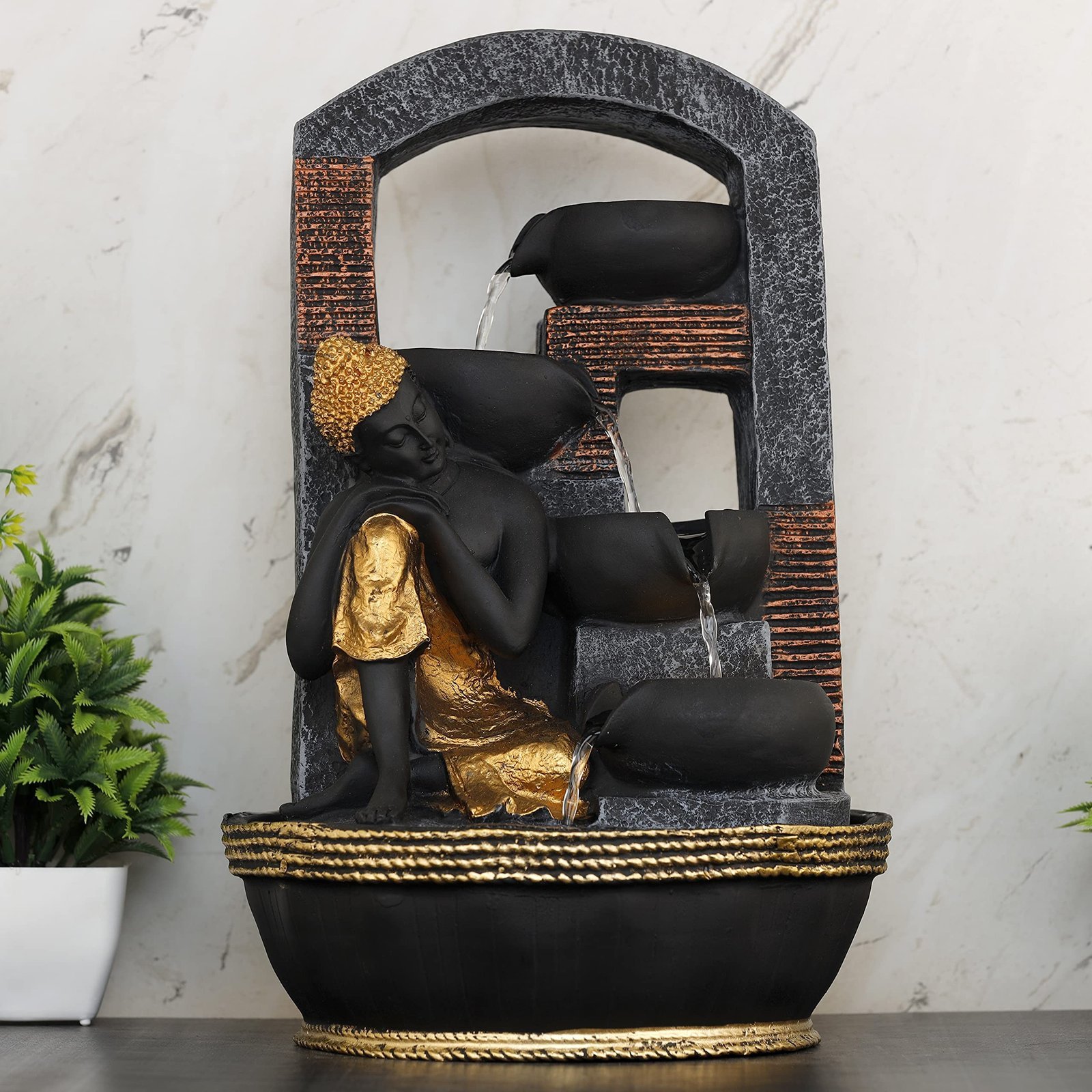 914NQBZt0wL-1.jpg Global Grabbers Polyresin Table Top Indoor Outdoor Water Fall Fountain with LED Lights Home Decor Decoration Gift Gifting Items-GOL_GRY-BG27-(000) - Fast Shipping to USA, Canada & India - Image 1