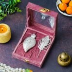 Webelkart Antique Silver Plated Kumkum Box With Leaf And Red Velvet Box | Tilak Kumkum Box for Puja Worship - Navratri and Diwali Return Gift,Sindoor Box, Roli Chawal Box (5" Inches) - Fast Shipping to USA & Canada