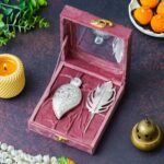 Webelkart Antique Silver Plated Kumkum Box With Leaf And Red Velvet Box | Tilak Kumkum Box for Puja Worship - Navratri and Diwali Return Gift,Sindoor Box, Roli Chawal Box (5" Inches) - Fast Shipping to USA & Canada