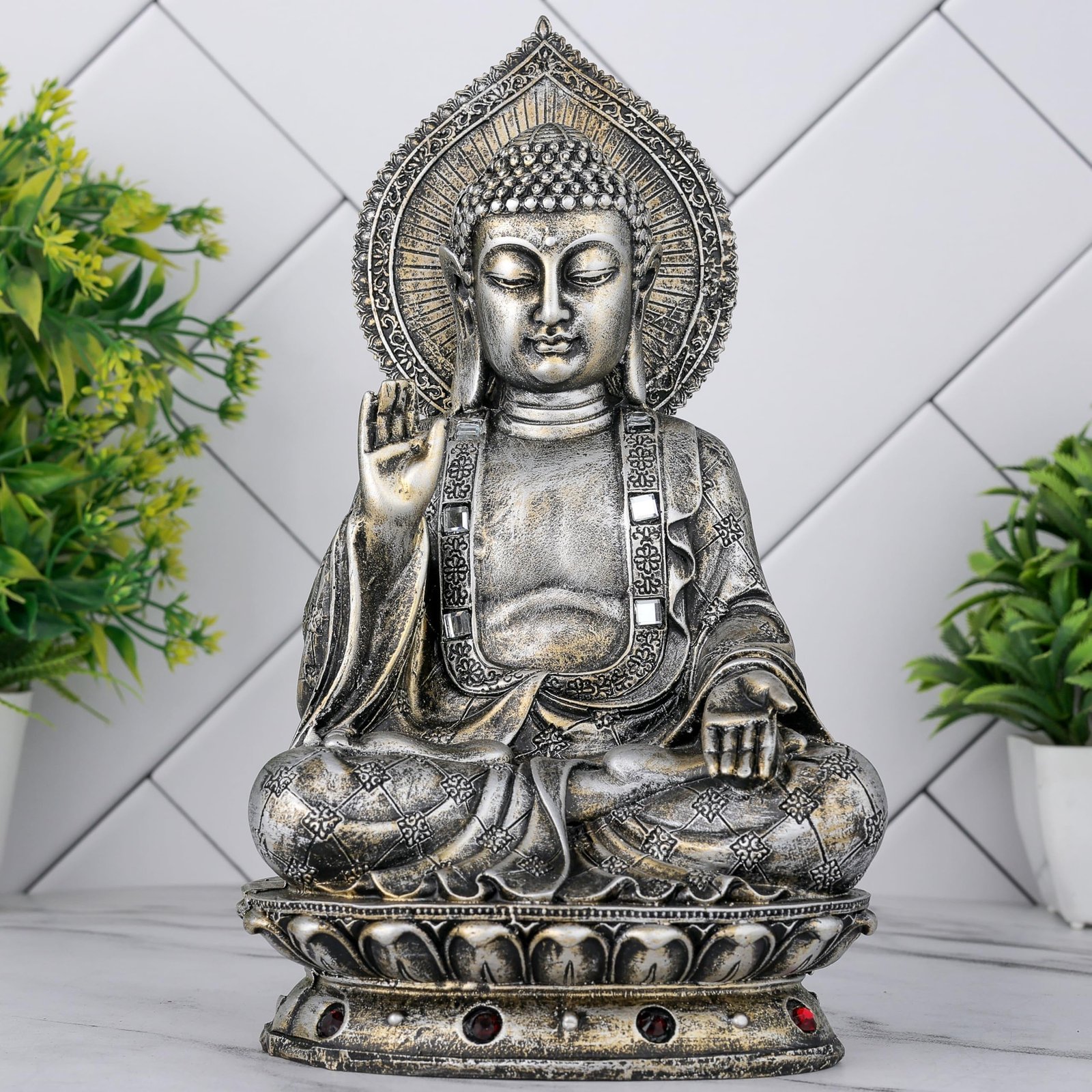 91IlsvpMMtL-1.jpg Global Grabbers New Sitting Buddha Statue showpiece Idol Home Decor Items for Living Room and Gifts (Antique Silver) - Fast Shipping to USA, Canada & India - Image 1