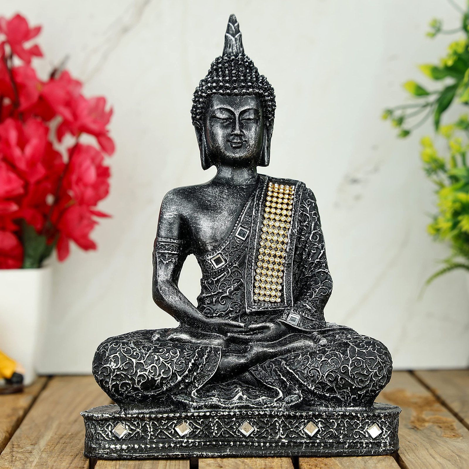 91VwU8O9HIL-1.jpg Global Grabbers Polyresin Sitting Buddha Idol Statue Showpiece for Home Decor Decoration Gift Gifting Items-A_SIL-BS2-(00), Silver - Fast Shipping to USA, Canada & India - Image 1