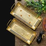 Webelkart Rectangular Brass Serving Trays Modern Style With Handle Large, Medium Serving Tray, Snacks, Floating Flowers For Home Decoration Dining Table| Diwali And Home Decor Items (15.35") Set of 2 - Fast Shipping to USA & Canada
