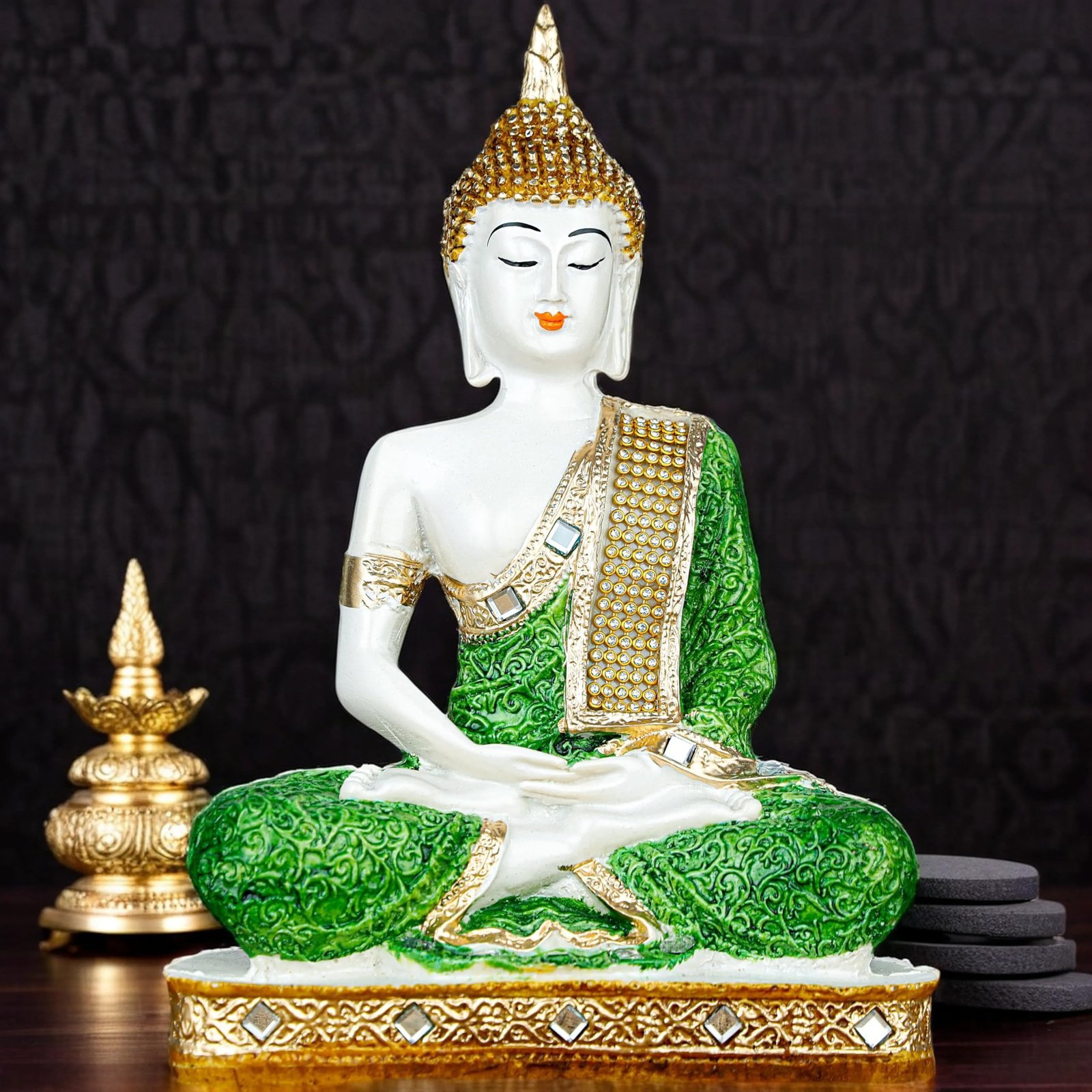 91aAB-HT7XL-1.jpg Global Grabbers New 25 Centimetre Meditating Sitting Buddha Statue showpiece Idol Home Decoration Items for Living Room Decor and Gifts (Green White Glossy) - Fast Shipping to USA, Canada & India - Image 1